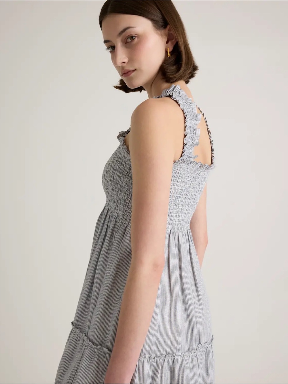 Quince 100% Linen Blue Pinstripe Smocked Midi Dress SMALL - Picture 15 of 15
